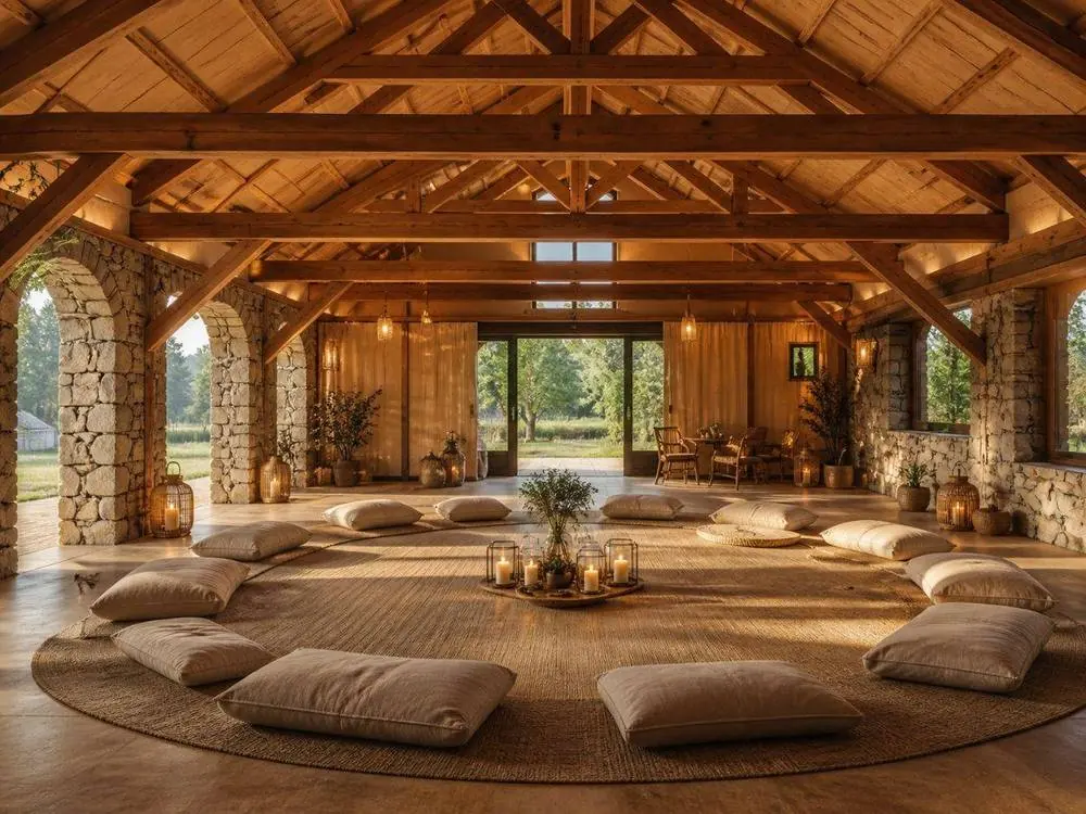 Elegáns pajta belső fa gerendák meditációs ülőpárnák retreat tér – Szász Családi Birtok Parád