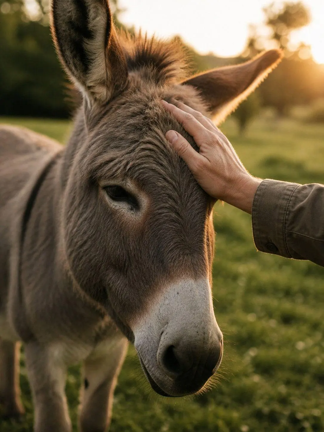 Szamár simogatása golden hour fényben – Szász Családi Birtok Parád